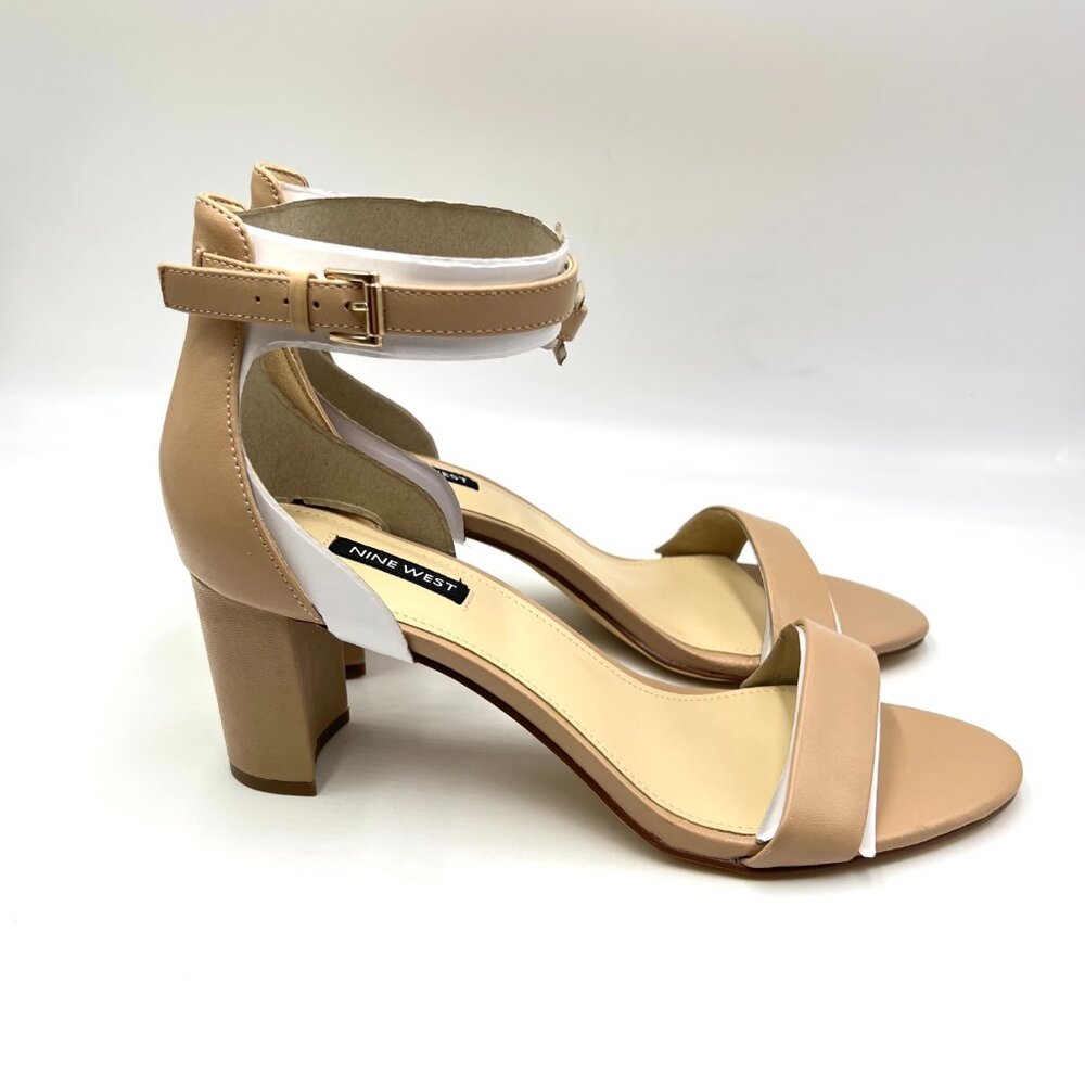 Nine West Womens Size 10 Pruce Beige‎ Tan Nude Leather Block Heels Sandals Shoes